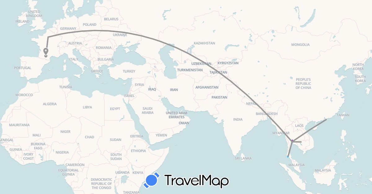 TravelMap itinerary: driving, plane, train, boat in France, Cambodia, Thailand (Asia, Europe)