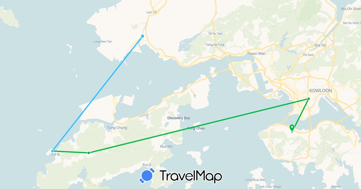 TravelMap itinerary: driving, bus, boat in Hong Kong (Asia)